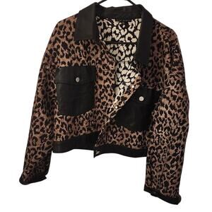 Blue Blush Leopard Print Jacket XL Faux Leather Trim Statement Coat